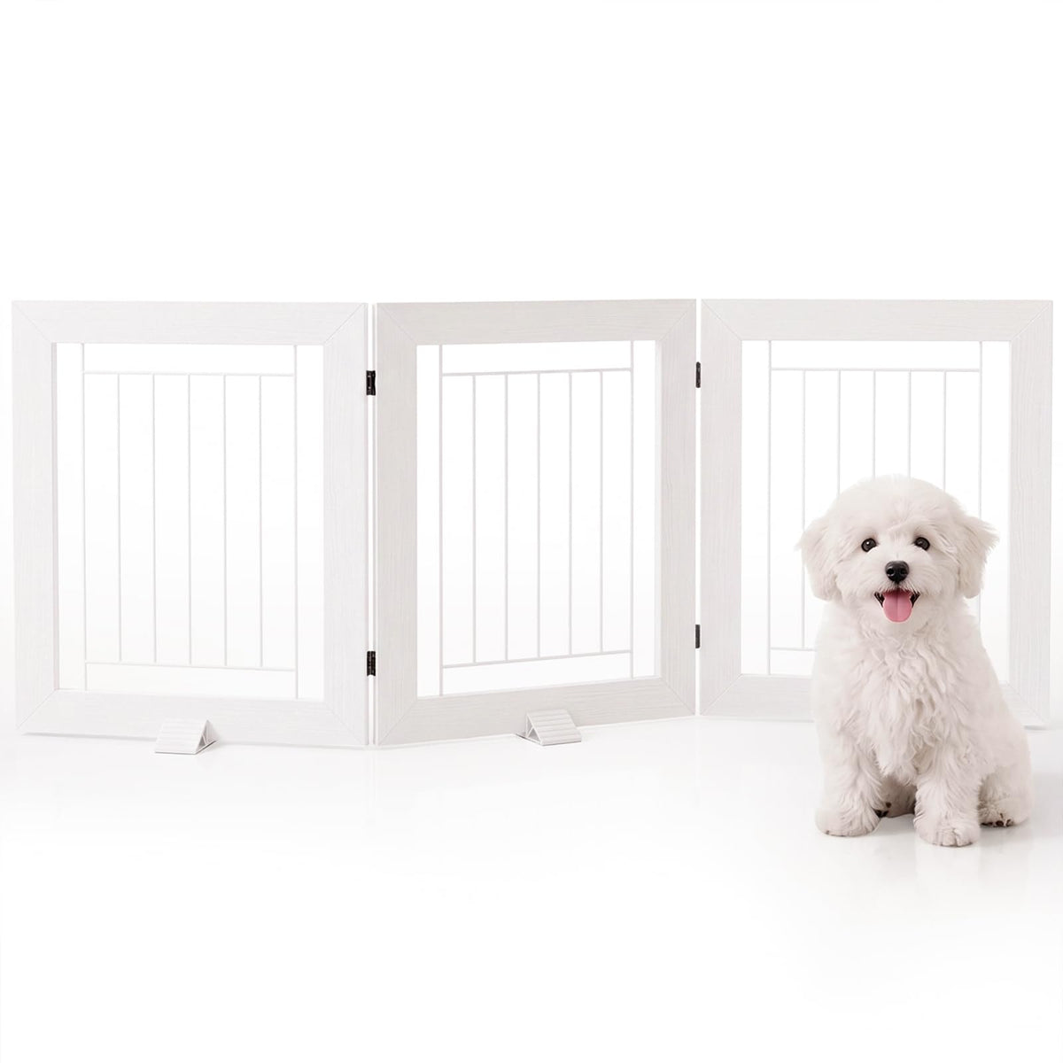Faesun Dog Gate Indoor, Freestanding Dog Fence, 59x24-Inch Wooden Pet Gate for Dogs, 3-Panel Puppy Gates for Doorways, Hallways, Stairs, White