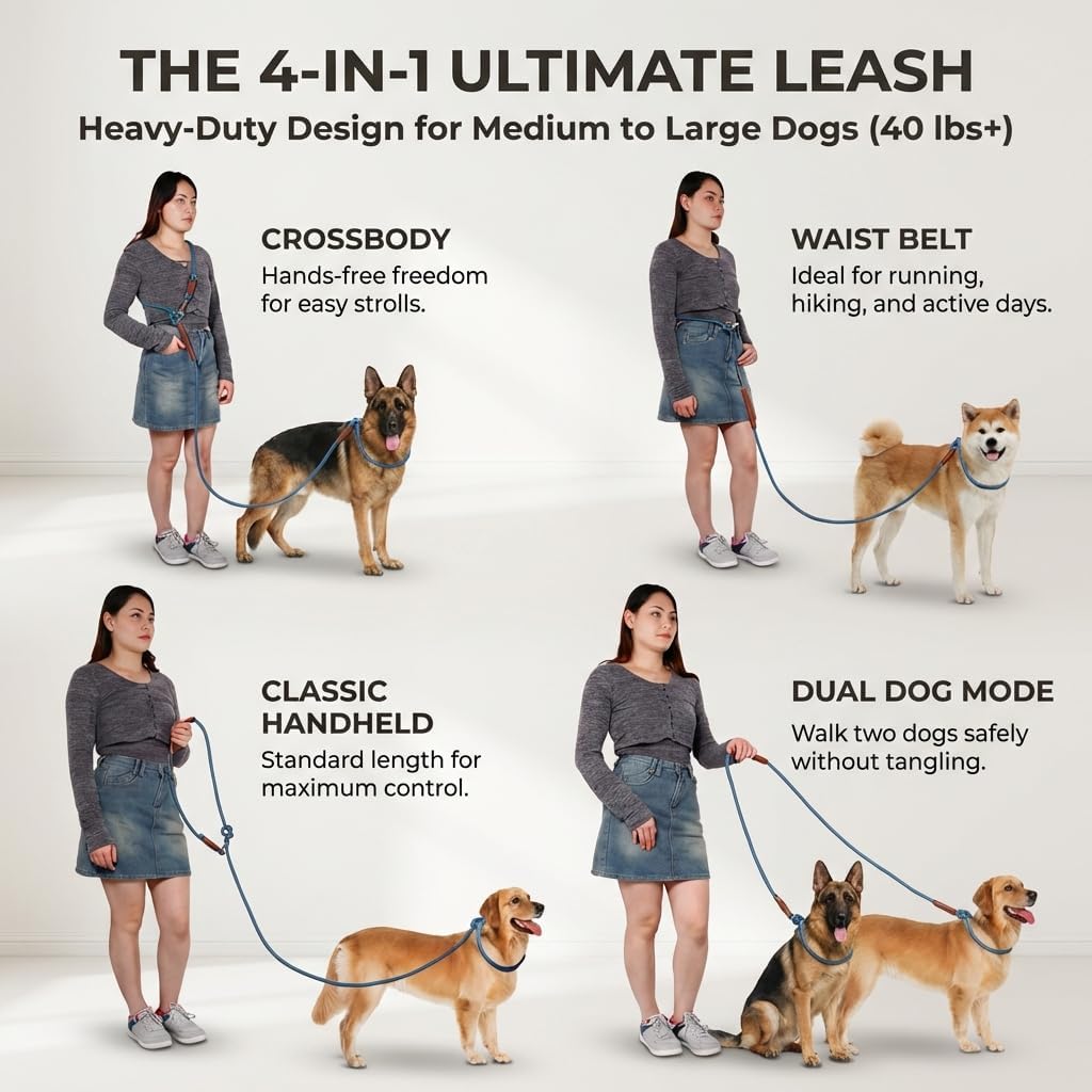 Hands Free Multifunctional Dog Leash for 1 or 2 Dogs, 9.8 ft, Tapestry Blue