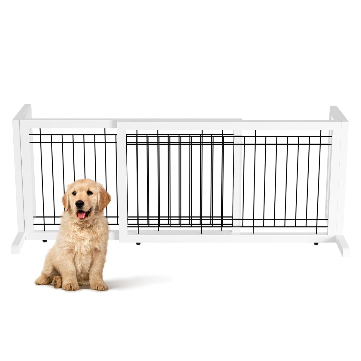 Bonnlo Free Standing Dog Gate, 39" - 68" Wide Pet Gate for Fireplace Stairs Doorways, Wooden Adjustable Pet Fence Indoor, Christmas Tree Gate (Cherry)
