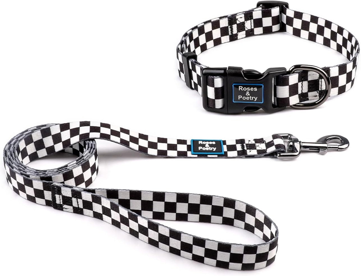 Roses&Poetry Dog Collar and Leash for Small,Adjustable Durable 5ft Puppy Leash Collar for Dog Training Lead(Black & White-S)