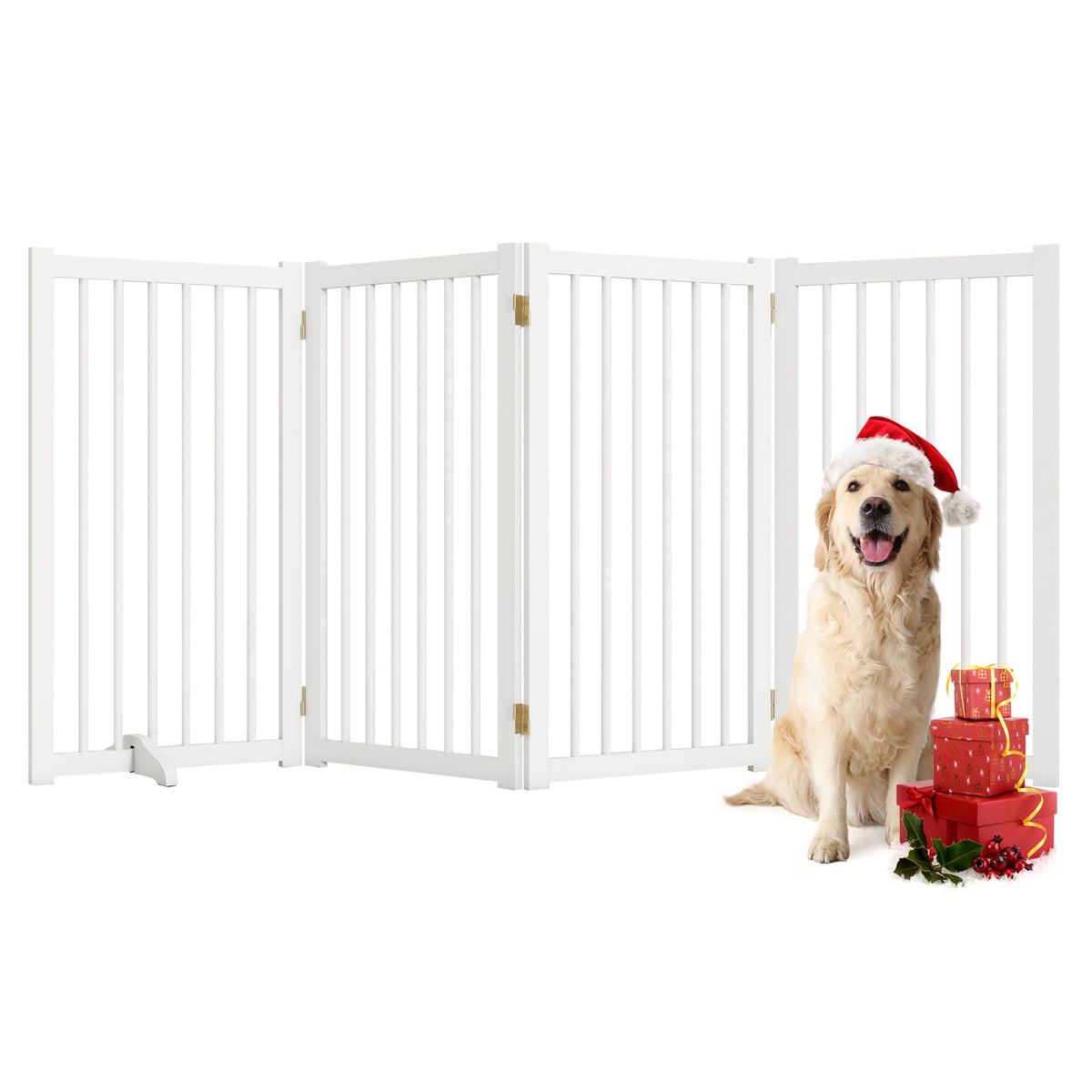 36" H Freestanding Dog Gate, Solid Wood Foldable Pet Gate with Support Feet, Wooden Tall Dog Gate for Doorway, Stairs & Indoor Use, 60" Wide Expandable Pet Fence, 3 Panels, Walnut