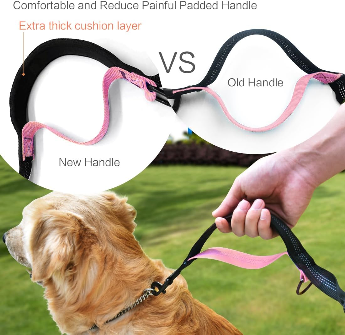 Uppetly Hands Free Dog Running Leash with Waist Belt, Dual Handle Elastic Bungees Retractable Rope for Medium and Large Dogs, Reflective Stitches for Walking Hiking Biking (Large Pink, 25-120lb