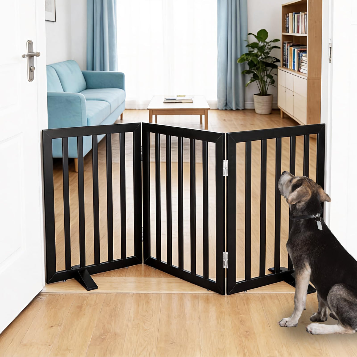 Dog Gate Indoor, Freestanding Dog Fence for The House, Doorways, Hallways,or Stairs,Pet Gate Foldable Wooden,Expandable 24" Height 3 Panels,Brown
