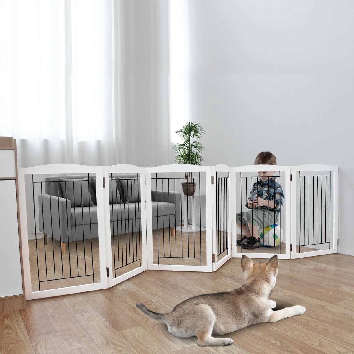 ZJSF Freestanding Foldable Dog Gate for House Extra Wide Wooden White Indoor Puppy Gate Stairs Doorways Pet Gate Tall Dog Fence 3 Panels Fence