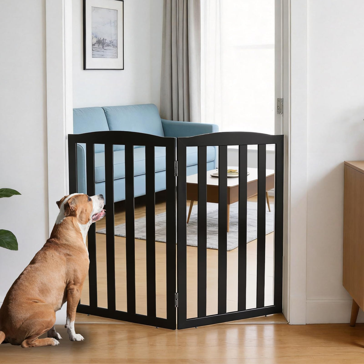 ZJSF Foldable Freestanding Indoor Dog Gate for House Wood White Long Pet Gates Dog Fence for Stairs Puppy Gates for Hallways, Puppy Gate,Support Feet Included, Brown, 24 "Height-3 Panels
