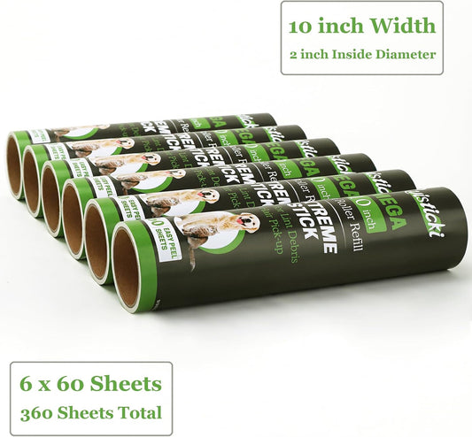10 inch Mega All-Purpose Pet Hair Lint Roller Refills Compatible with Evercare Mega Roller 10'' Wide Ultra Sticky 60 Sheets Each Refill (Pack of 6, 360 Sheets Total)