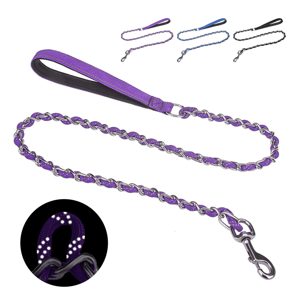 HOMIMP Chew Proof Dog Leash for Medium Large Dogs, Reflective 6 FT Heavy Duty Metal Chain Dog Leashes with Soft Padded Handle, Anti Bite Durable Rope Leashes for Pitbull, Non Chewable