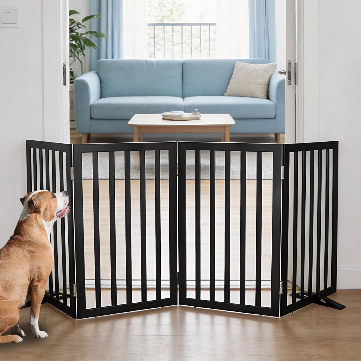 Dog Gate Indoor, Freestanding Dog Fence for The House, Doorways, Hallways,or Stairs,Pet Gate Foldable Wooden,Expandable 24" Height 3 Panels,Brown