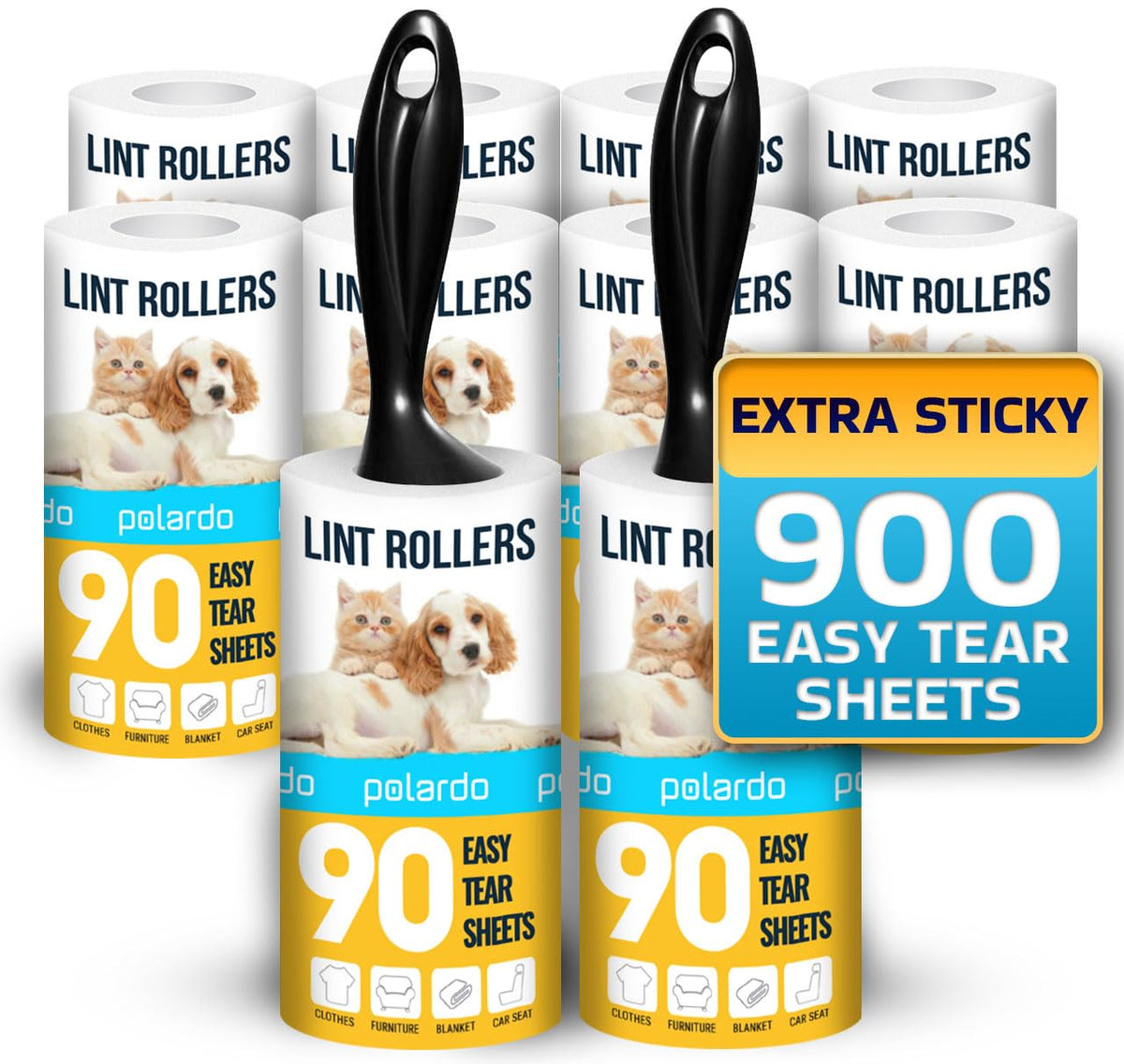 Lint Rollers 900 Sticky Sheets, 10 Spare Rollers,10 Pack of Refills Only. Pet Hair Remover for Clothes, Furniture, Couch, Carpet, Dog Hair Remover, Cat Hair Remover, Animal Fur, Fuzz