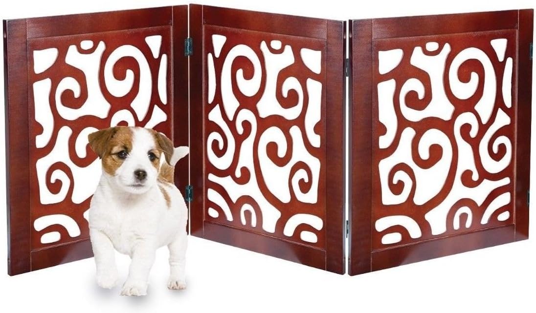 Safety Pet Gate for Dogs – Free-Standing & Foldable - Decorative Scroll Wooden Fence Barrier – Stairs & Doorways (Mahogany)