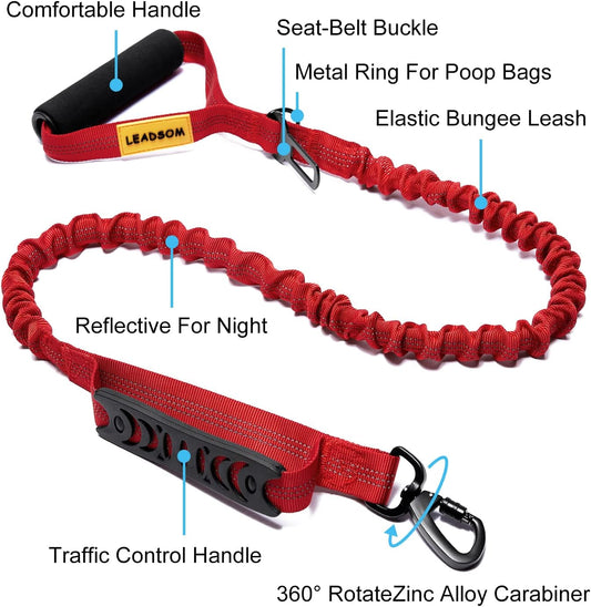 6FT Highly Reflective Heavy Duty Elastic Bungee Medium and Large Dog Leash Shock Absorbing with Comfortable Padded Handle and Traffic Handle Suitable for Training Red