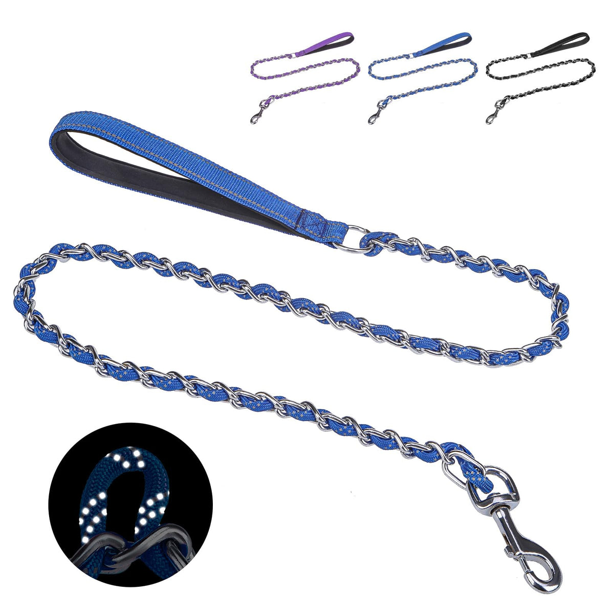 HOMIMP Chew Proof Dog Leash for Medium Large Dogs, Reflective 6 FT Heavy Duty Metal Chain Dog Leashes with Soft Padded Handle, Anti Bite Durable Rope Leashes for Pitbull, Non Chewable