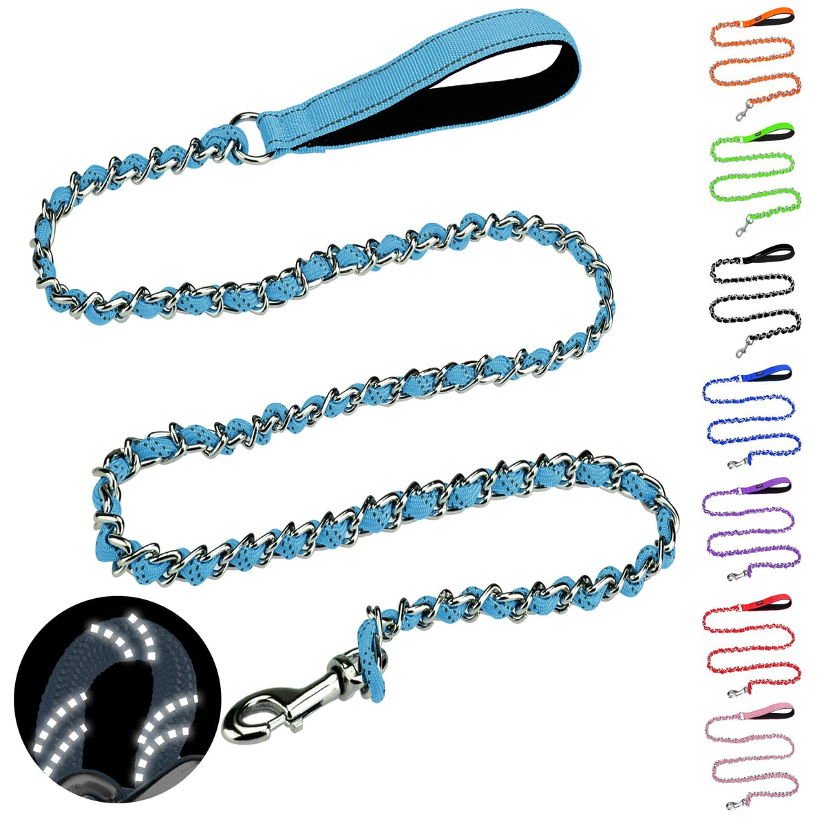 HOMIMP Chew Proof Dog Leash for Medium Large Dogs, Reflective 6 FT Heavy Duty Metal Chain Dog Leashes with Soft Padded Handle, Anti Bite Durable Rope Leashes for Pitbull, Non Chewable