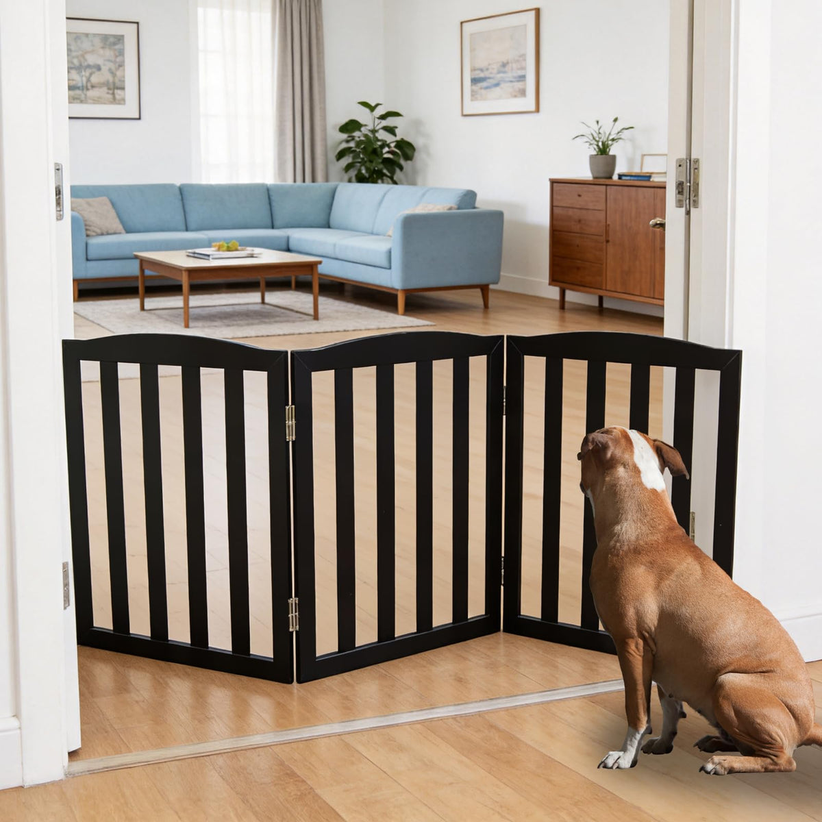 ZJSF Foldable Freestanding Indoor Dog Gate for House Wood White Long Pet Gates Dog Fence for Stairs Puppy Gates for Hallways, Puppy Gate,Support Feet Included, Brown, 24 "Height-3 Panels