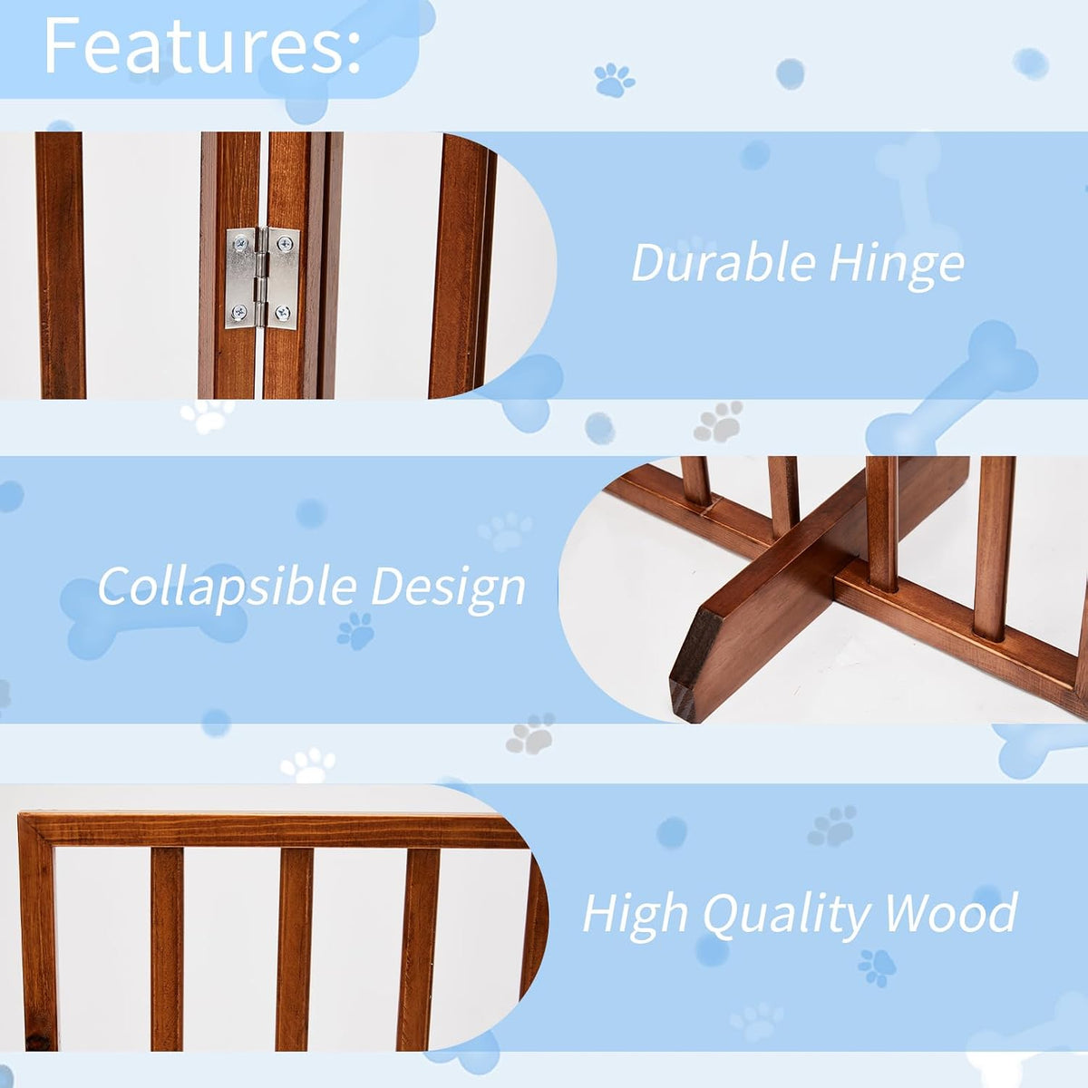 Outvita Freestanding Dog Gate, 24" H Foldable Wooden Pet Barrier Fence, 4-Panel Extra Wide Pet Fence with Support Feet for Stairs, Hallways,Doorways(Brown)