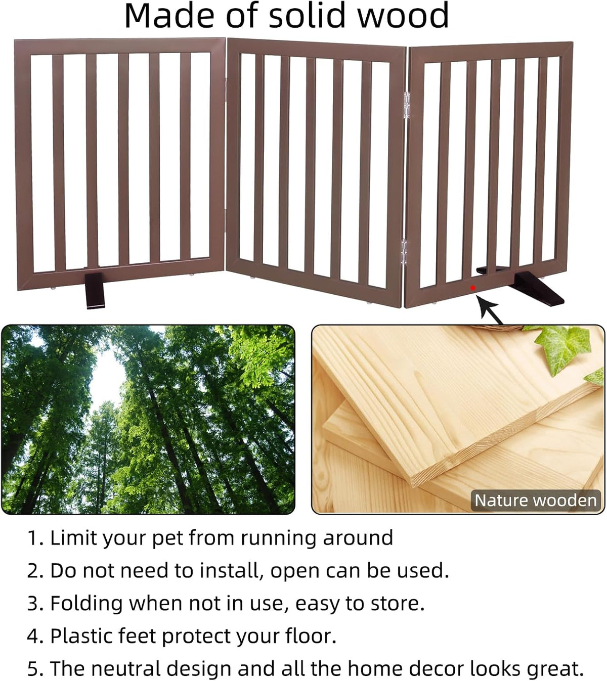 Dog Gate Indoor, Freestanding Dog Fence for The House, Doorways, Hallways,or Stairs,Pet Gate Foldable Wooden,Expandable 24" Height 3 Panels,Brown