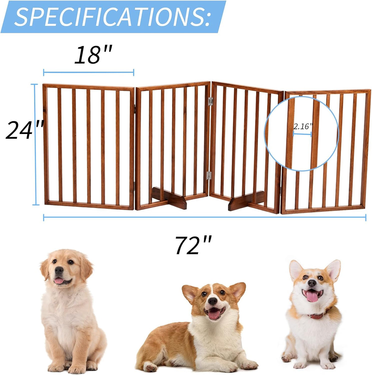 Outvita Freestanding Dog Gate, 24" H Foldable Wooden Pet Barrier Fence, 4-Panel Extra Wide Pet Fence with Support Feet for Stairs, Hallways,Doorways(Brown)