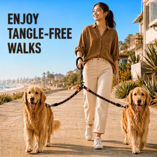 Double Dog Leash, 360° Swivel, No Tangle, for Two Dogs 20-175 lbs, Split Leash, Reflective and Shock-Absorbing Bungee, Padded Handle, Heavy-Duty Rope, Black