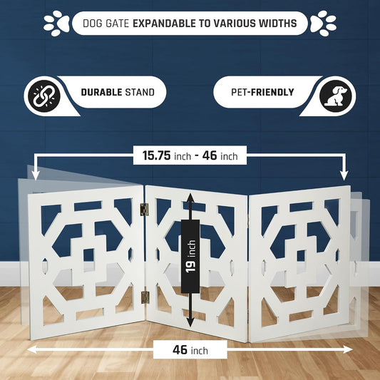 Freestanding Dog Gate Expandable Decorative Wooden Fence for Small to Medium Pet Dogs, Barrier for Stairs, Doorways, & Hallways