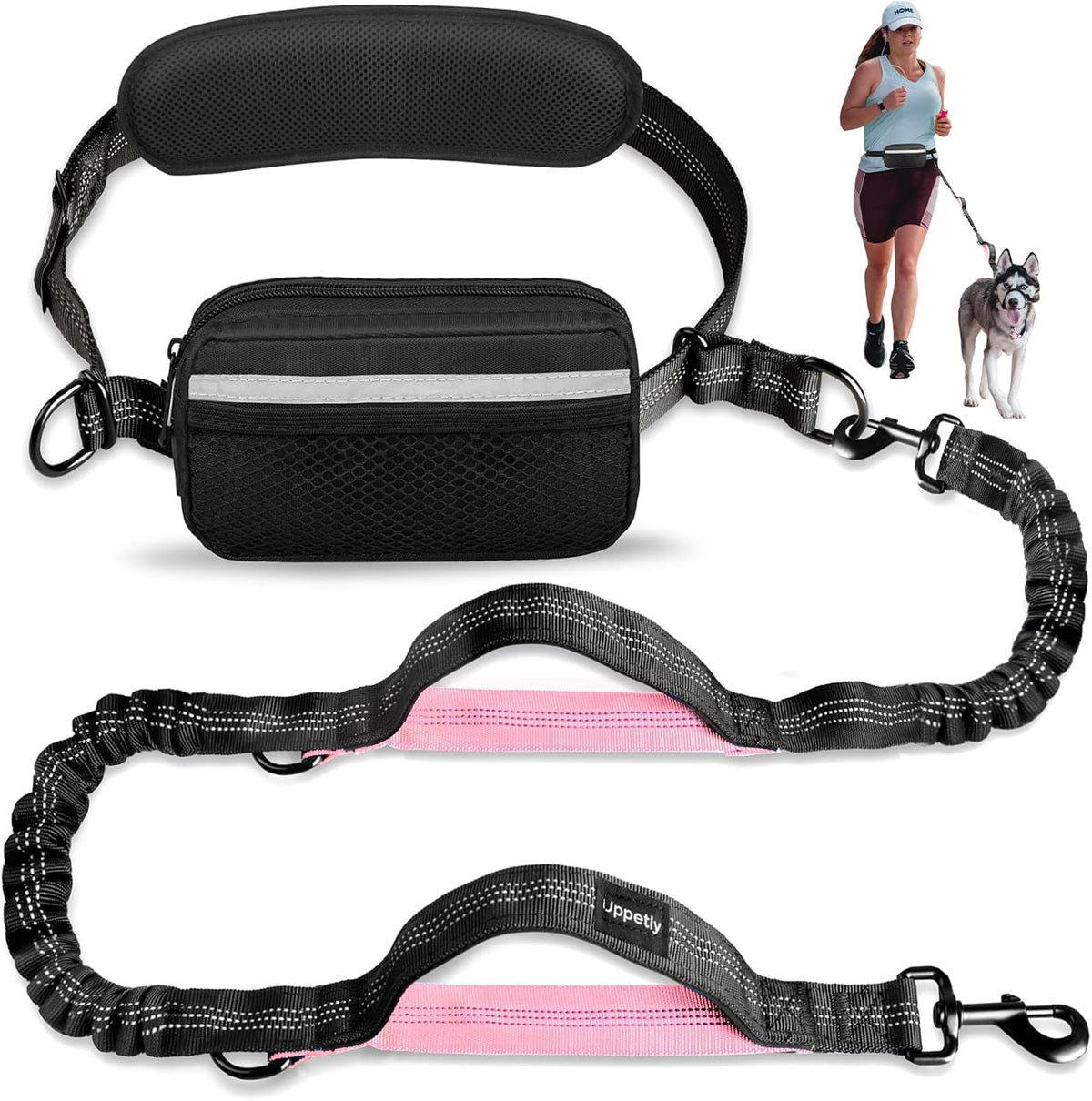 Uppetly Hands Free Dog Running Leash with Waist Belt, Dual Handle Elastic Bungees Retractable Rope for Medium and Large Dogs, Reflective Stitches for Walking Hiking Biking (Large Pink, 25-120lb