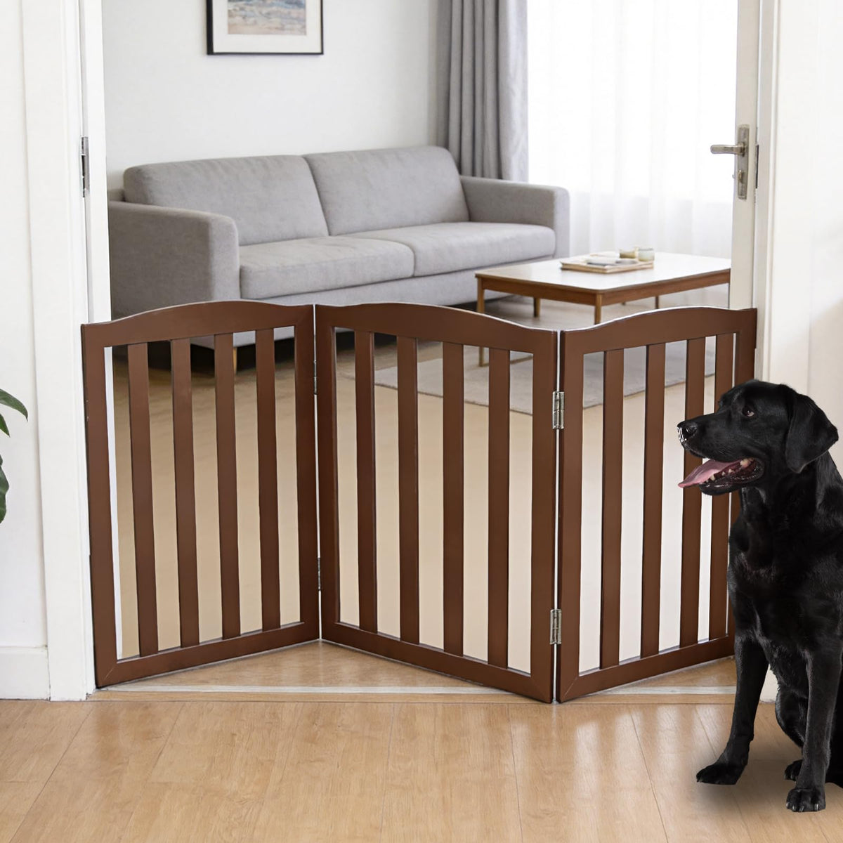 ZJSF Foldable Freestanding Indoor Dog Gate for House Wood White Long Pet Gates Dog Fence for Stairs Puppy Gates for Hallways, Puppy Gate,Support Feet Included, Brown, 24 "Height-3 Panels