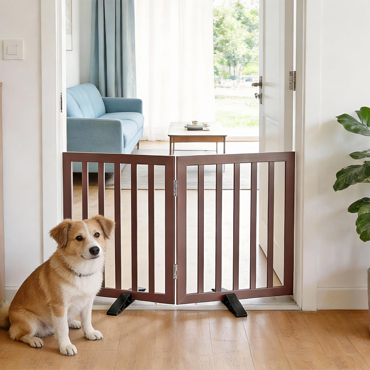 Dog Gate Indoor, Freestanding Dog Fence for The House, Doorways, Hallways,or Stairs,Pet Gate Foldable Wooden,Expandable 24" Height 3 Panels,Brown