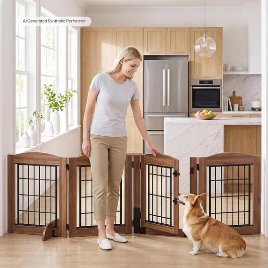 HOOBRO 4 Panels Dog Gate Indoor with Door, 24.8'' Tall Freestanding Pet Gate with 2 Support Feet, Foldable Dog Fence for Doorways, Stairs, Wooden Pet Puppy Safety Fence, Walnut BH85PP03N1