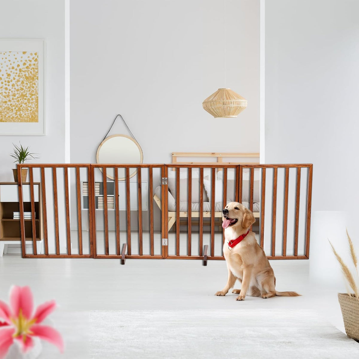 Outvita Freestanding Dog Gate, 24" H Foldable Wooden Pet Barrier Fence, 4-Panel Extra Wide Pet Fence with Support Feet for Stairs, Hallways,Doorways(Brown)
