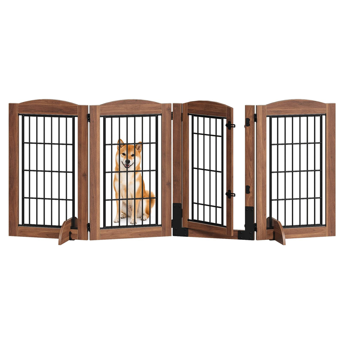 HOOBRO 4 Panels Dog Gate Indoor with Door, 32.7'' Tall Freestanding Pet Gate with 2 Support Feet, Foldable Dog Fence for Doorways, Stairs, Wooden Pet Puppy Safety Fence, Walnut BH86PP03N1
