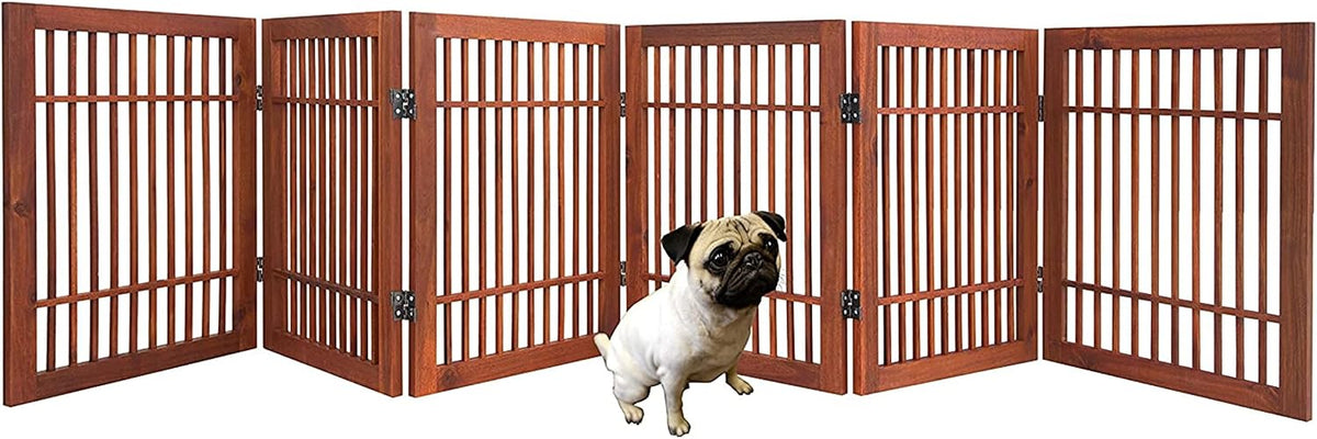 Urnporium Freestanding Wooden Dog Gate Foldable Indoor Pet Gate No Drill Expandable Barrier for Doorways Stairs Hallways Portable Wood Fence for Small Dogs & Puppies (Brown Pet Gate, 6 Panel 24" Tall)