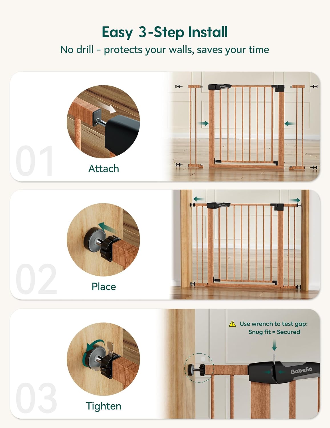 Babelio 29-55" Extra Wide Baby Gate, PressGuard P7, Brown Wood Pattern