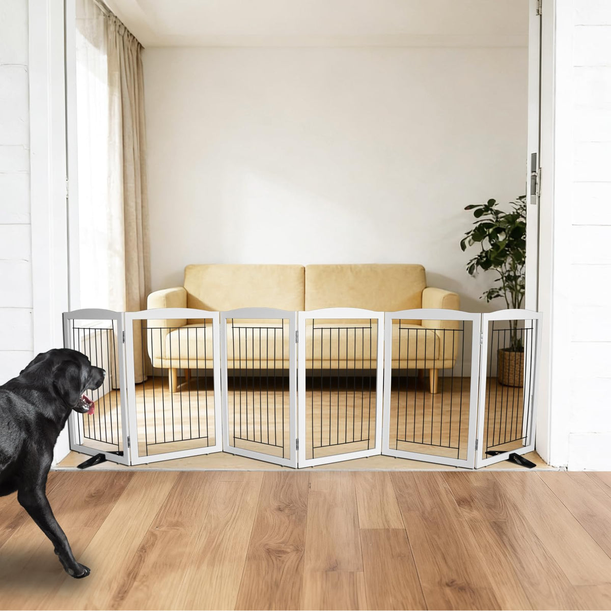 Dog Fence Indoor,Dog Gate Indoor for Doorway pet gate -3-Panel Freestanding, Hallways, House or Stairs -60x24-Inch Retractable Foldable Expandable Wood Pet by SFJC (Brown) 