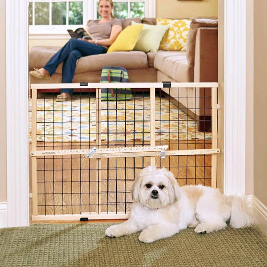 MYPET Wire Mesh Dog Gate: 26.5"-42" Wide Pressure Mounted with No Tools; Expandable, Durable Pet Gates for Doors and Hallways, 23" Tall, Made with Sustainable Hardwood