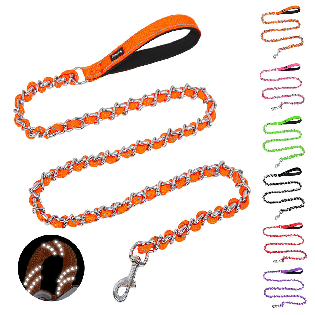 HOMIMP Chew Proof Dog Leash for Medium Large Dogs, Reflective 6 FT Heavy Duty Metal Chain Dog Leashes with Soft Padded Handle, Anti Bite Durable Rope Leashes for Pitbull, Non Chewable