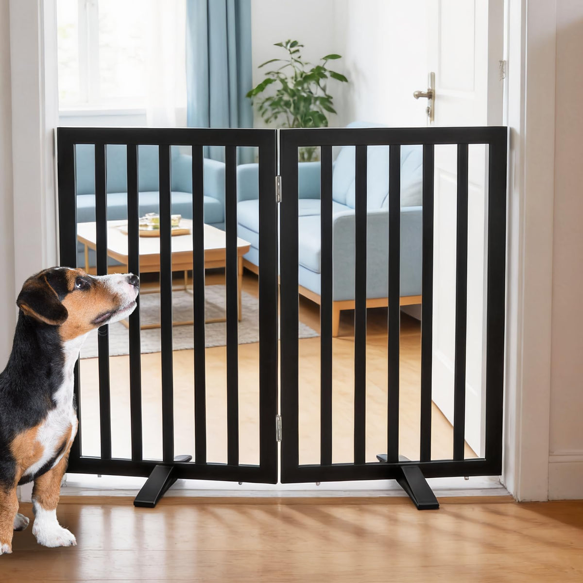Dog Gate Indoor, Freestanding Dog Fence for The House, Doorways, Hallways,or Stairs,Pet Gate Foldable Wooden,Expandable 24" Height 3 Panels,Brown