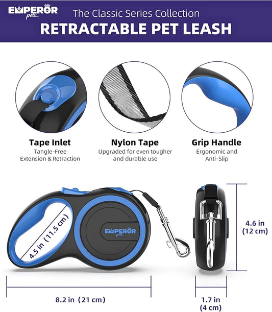 EMPEROR PETS 26.1 ft Retractable Dog Leash, for Dogs 10-110 lbs, Blue