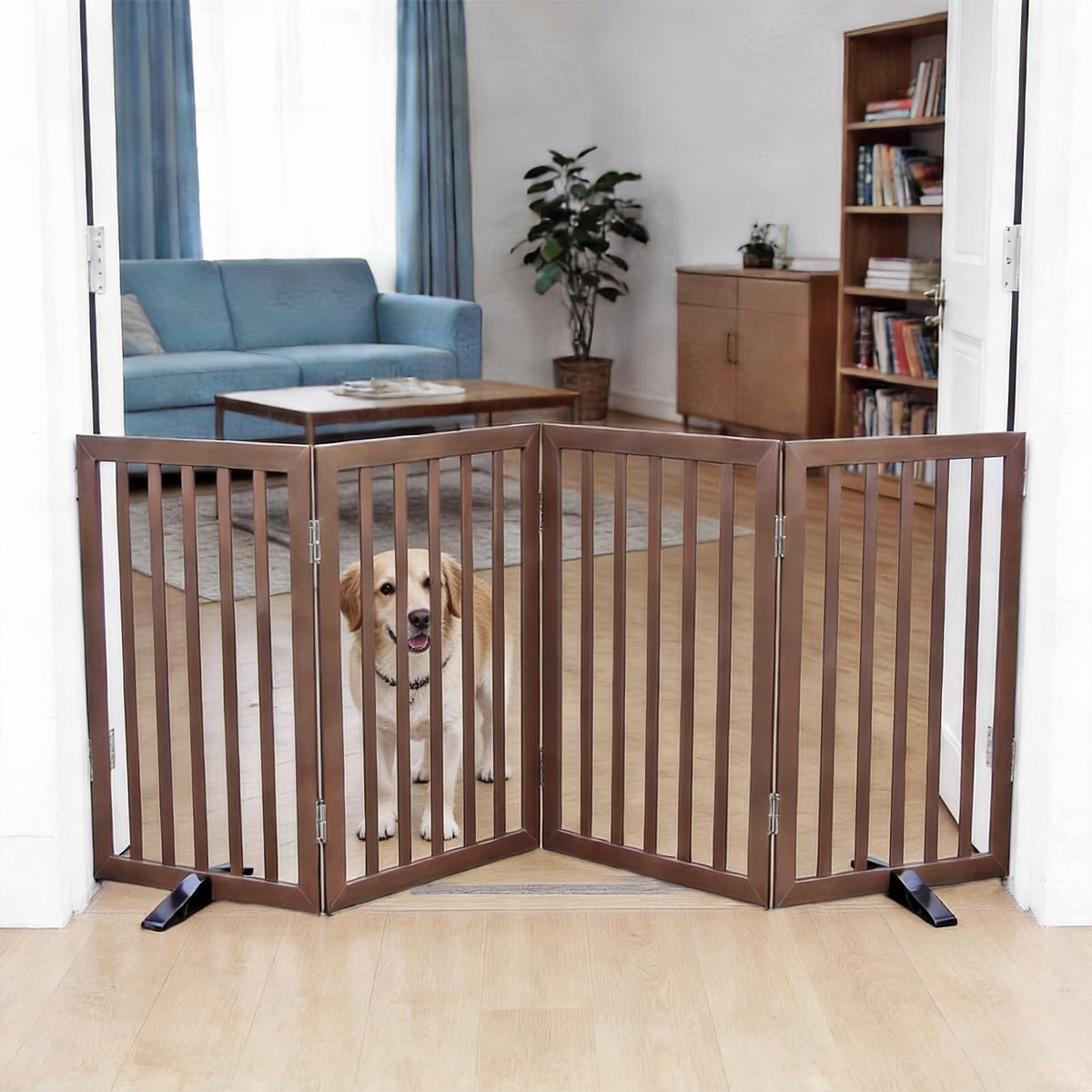 Dog Gate Indoor, Freestanding Dog Fence for The House, Doorways, Hallways,or Stairs,Pet Gate Foldable Wooden,Expandable 24" Height 3 Panels,Brown