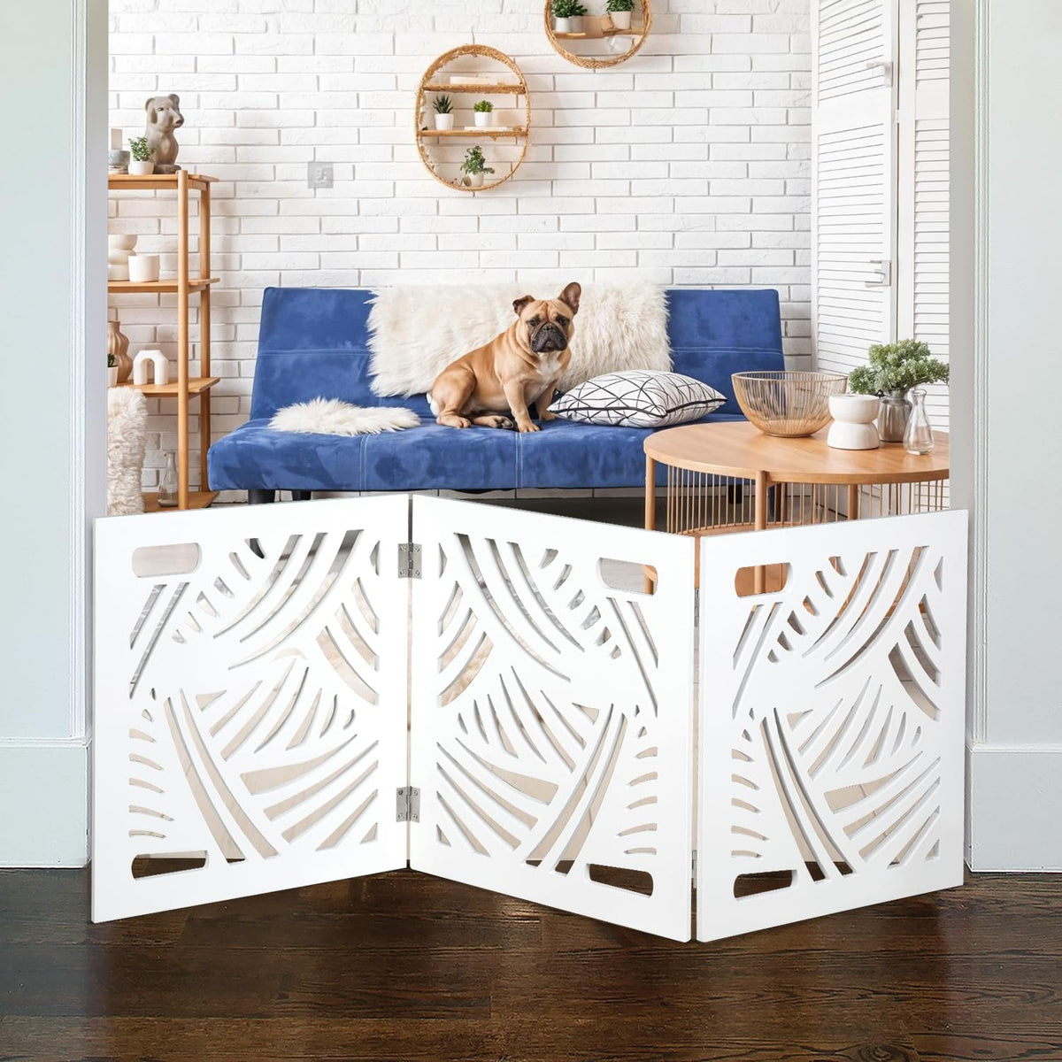 Freestanding Dog Gate Expandable Decorative Wooden Fence for Small to Medium Pet Dogs, Barrier for Stairs, Doorways, & Hallways