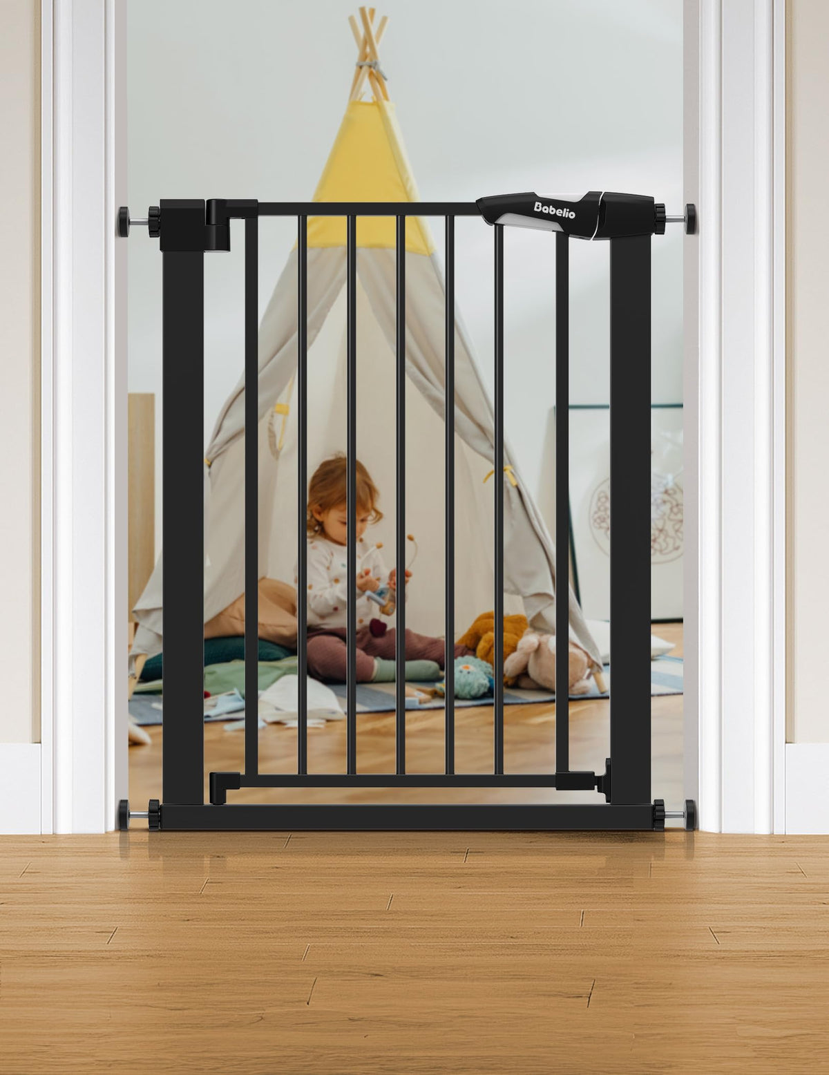 Babelio 29-55" Extra Wide Baby Gate, PressGuard P7, Brown Wood Pattern