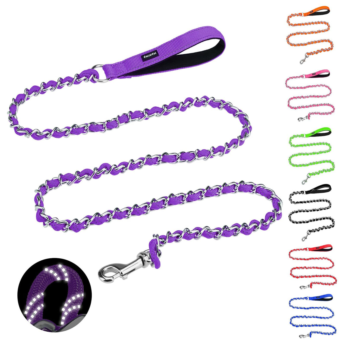 HOMIMP Chew Proof Dog Leash for Medium Large Dogs, Reflective 6 FT Heavy Duty Metal Chain Dog Leashes with Soft Padded Handle, Anti Bite Durable Rope Leashes for Pitbull, Non Chewable