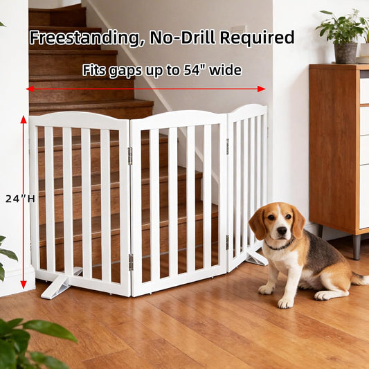 ZJSF Foldable Freestanding Indoor Dog Gate for House Wood White Long Pet Gates Dog Fence for Stairs Puppy Gates for Hallways,Pet Fence, Puppy Gate,Support Feet Included 24 "Height-3 Panels