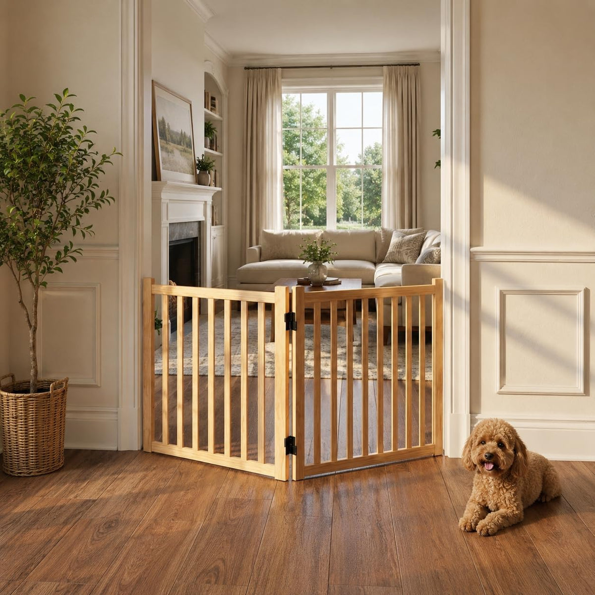 YOCAN 2-Panel Wooden Dog Gate - 23” H, Freestanding Pet Fence Indoor