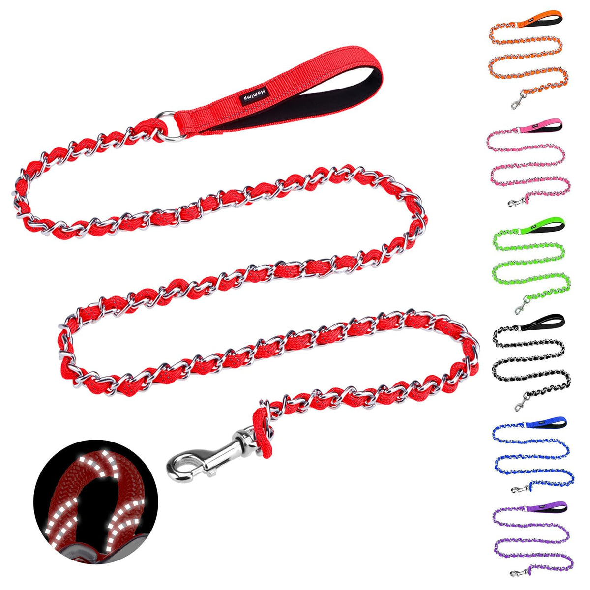 HOMIMP Chew Proof Dog Leash for Medium Large Dogs, Reflective 6 FT Heavy Duty Metal Chain Dog Leashes with Soft Padded Handle, Anti Bite Durable Rope Leashes for Pitbull, Non Chewable