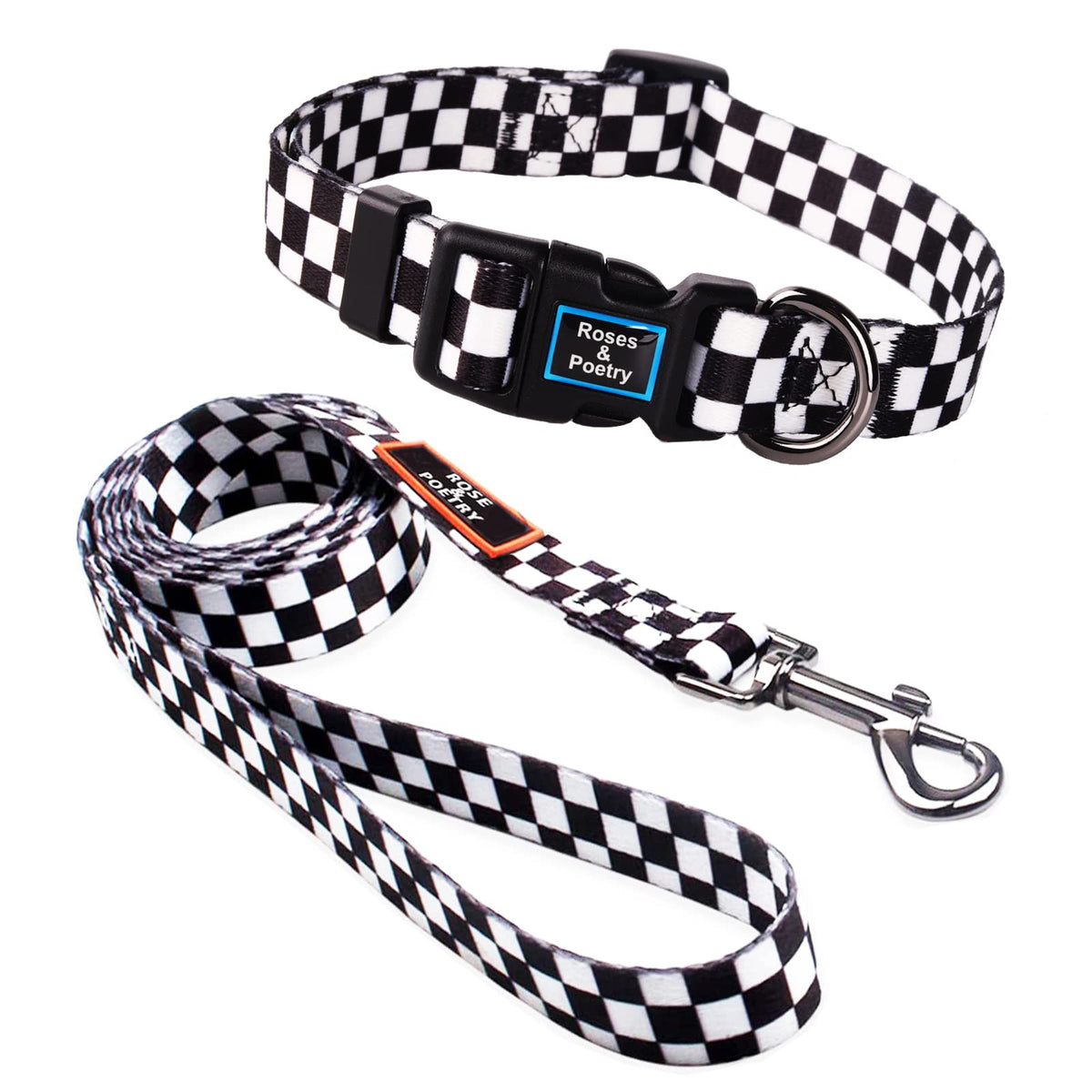 Roses&Poetry Dog Collar and Leash for Small,Adjustable Durable 5ft Puppy Leash Collar for Dog Training Lead(Black & White-S)