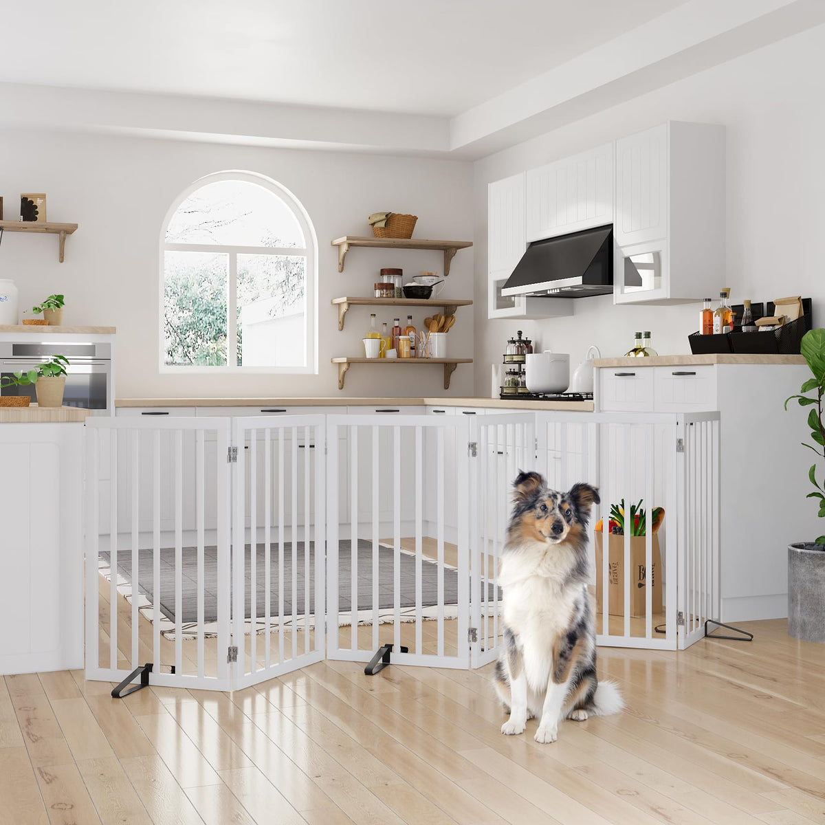 Semiocthome Dog Gate Indoor 2-Panel Freestanding Puppy Gates for The House with 2 Metal Stands 24" H Folding Wood Pet Gate for Stairs Doorway, Fully Assembled Safety Fence - Walnut