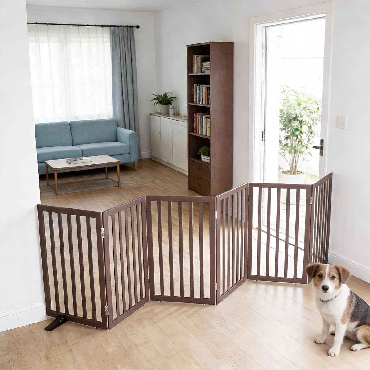 Dog Gate Indoor, Freestanding Dog Fence for The House, Doorways, Hallways,or Stairs,Pet Gate Foldable Wooden,Expandable 24" Height 3 Panels,Brown