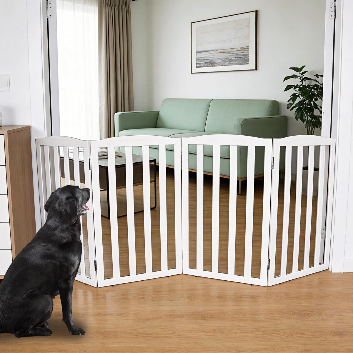 Freestanding Dog Gate Indoor,Doggie Gate Foldable Pet Gates for Doorways,Stairs or Hallways, Wooden White Pet Gate for the House, Pet Fence with Support Feet Included,24 "Height-3 Panels