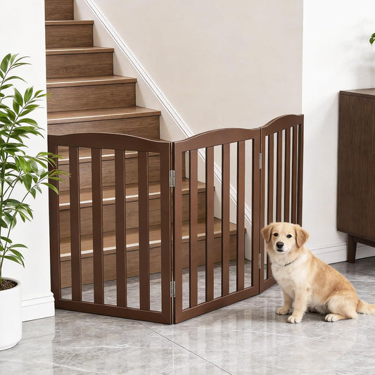 ZJSF Foldable Freestanding Indoor Dog Gate for House Wood White Long Pet Gates Dog Fence for Stairs Puppy Gates for Hallways, Puppy Gate,Support Feet Included, Brown, 24 "Height-3 Panels