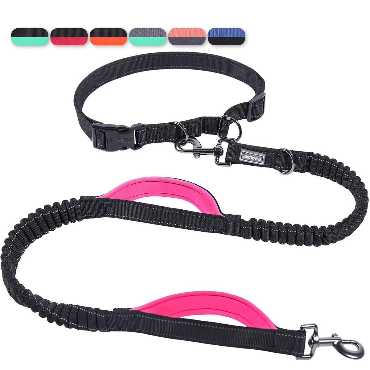 VIVAGLORY Hands Free Dog Leash Bungee Waist Leash for Dog, S, Black/Pink2