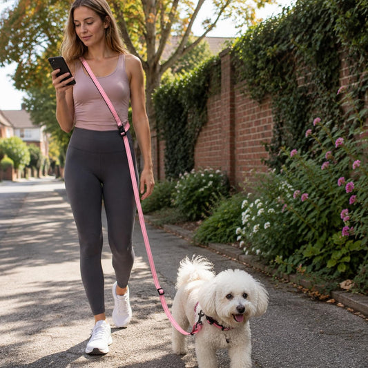 Kazazoo Hands-Free Dog Leash Adjustable Length 5-8 Ft,Waist & Crossbody Leash for Walking with Small Dogs Bichon Frisé & Teddy Reflective Strips, Ballistic Nylon, Waist Belt, Lightweight Pink